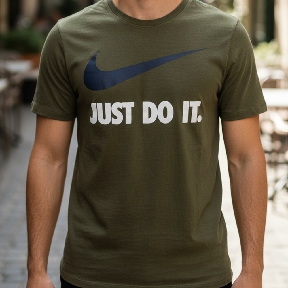 Nike Just Do It Graphic Tee Mens Olive Green Short Sleeve Athletic Cut Shirt
